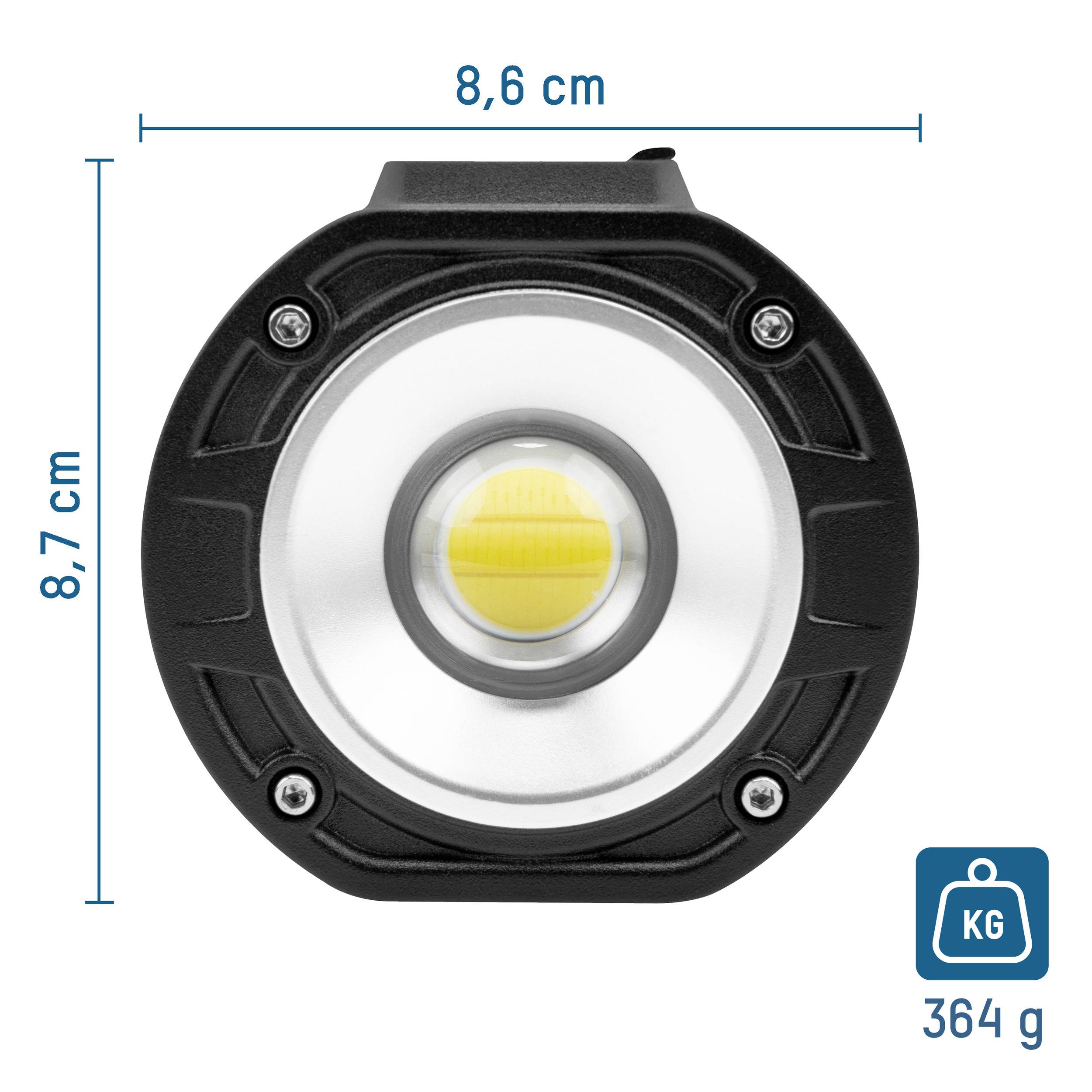 Runde Lampe, Durchmesser 8,6 cm, Höhe 8,7 cm, Gewicht 364 g.