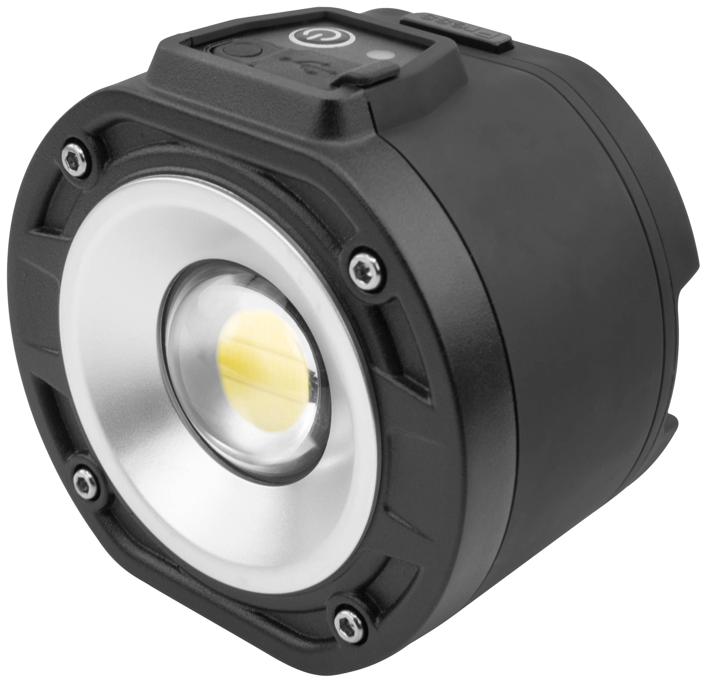Schwarze kompakte LED-Leuchte mit kreisförmigem Reflektor und gelbem Leuchtmittel, geeignet für mobile oder stationäre Beleuchtung.