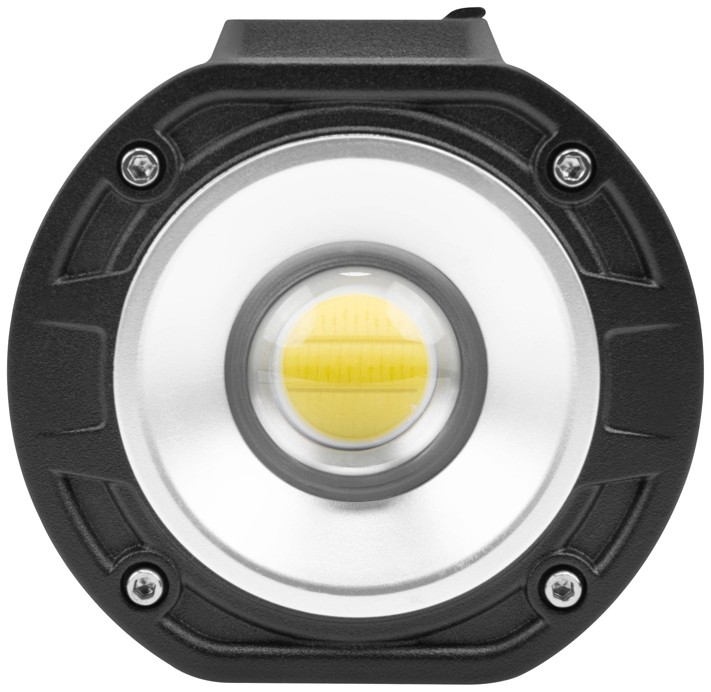 Eine runde LED-Lampe mit schwarzer Außenhülle und sichtbarem, kreisförmigem Leuchtelement in der Mitte, das gelb erscheint.