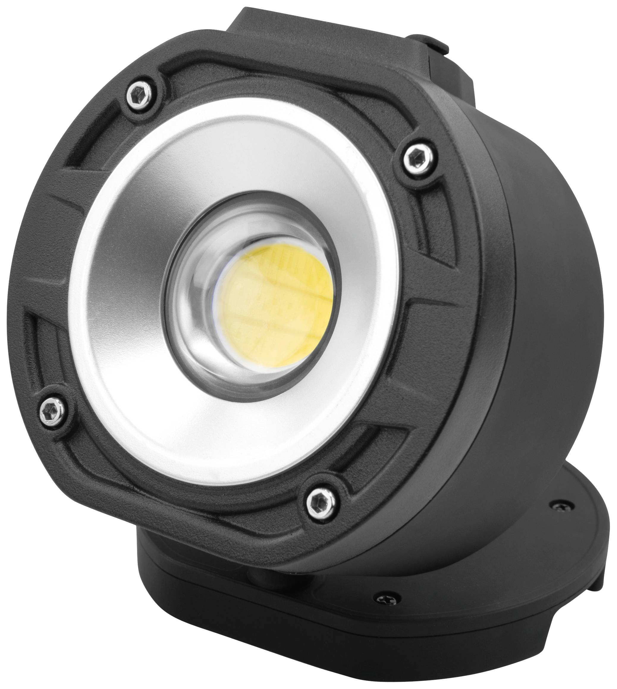 Ein runder, schwarzer LED-Scheinwerfer mit silbernem Reflektor.