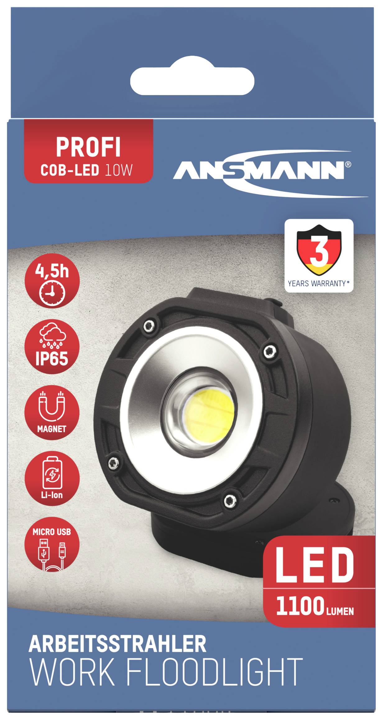 Verpackung einer LED-Arbeitsleuchte. Enthält Informationen: 10W COB-LED, 1100 Lumen, 4,5 Stunden Betriebszeit, magnetisch, IP65, USB-Aufladung, 3 Jahre Garantie.