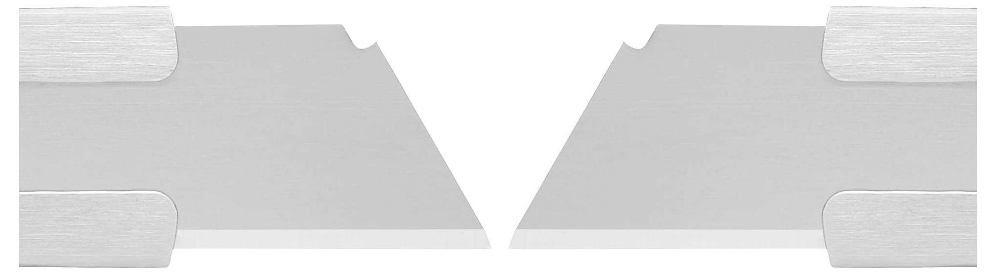 Zwei trapezförmige Ersatzklingen zeigen sich gegenüberliegend mit der Schneide nach oben. Sie sind silbern und scharf.