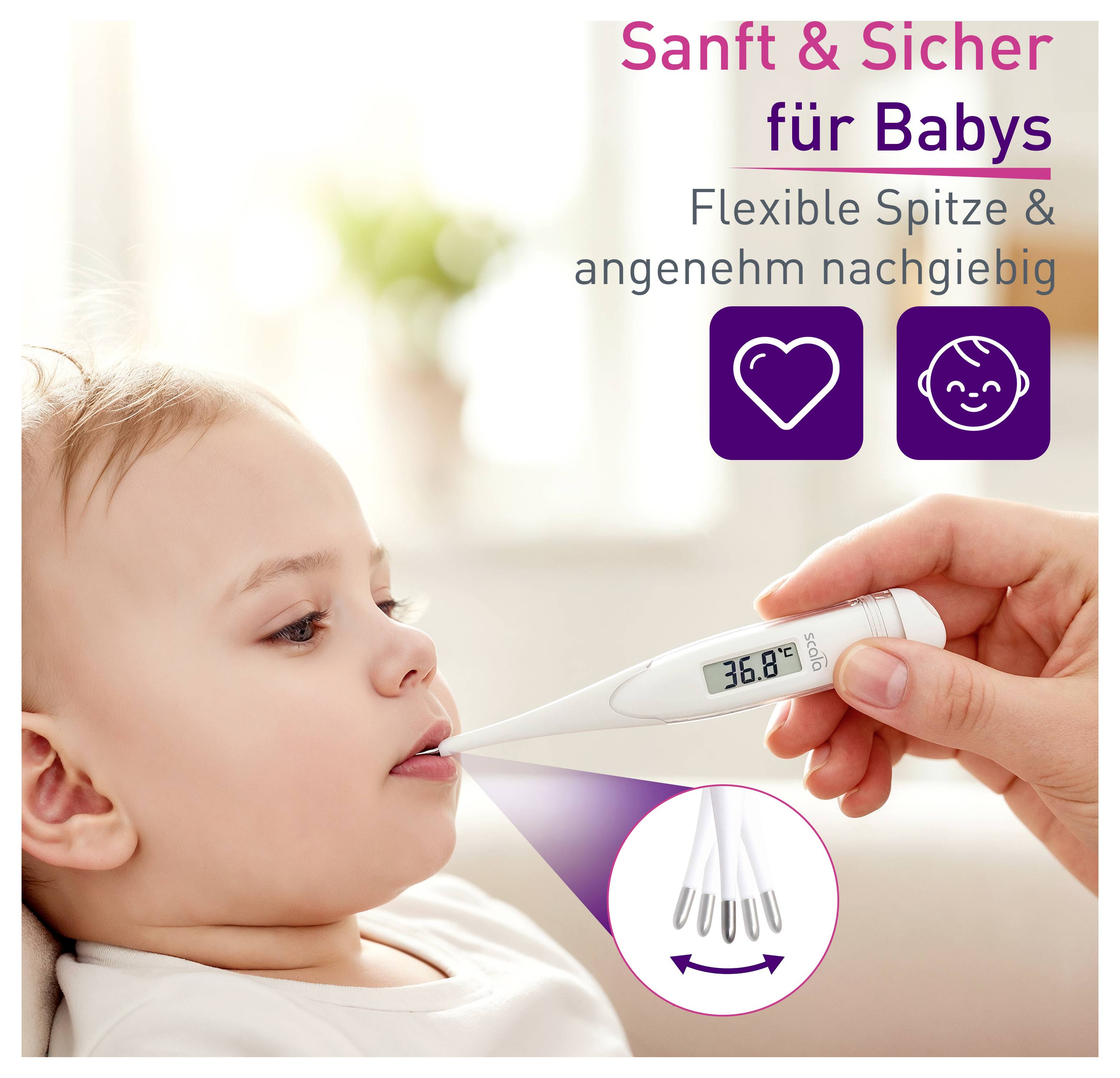 Ein Baby wird mit einem digitalen Thermometer, das eine Temperatur von 36,8 °C anzeigt, im Mundraum gemessen. Text betont Sicherheit.