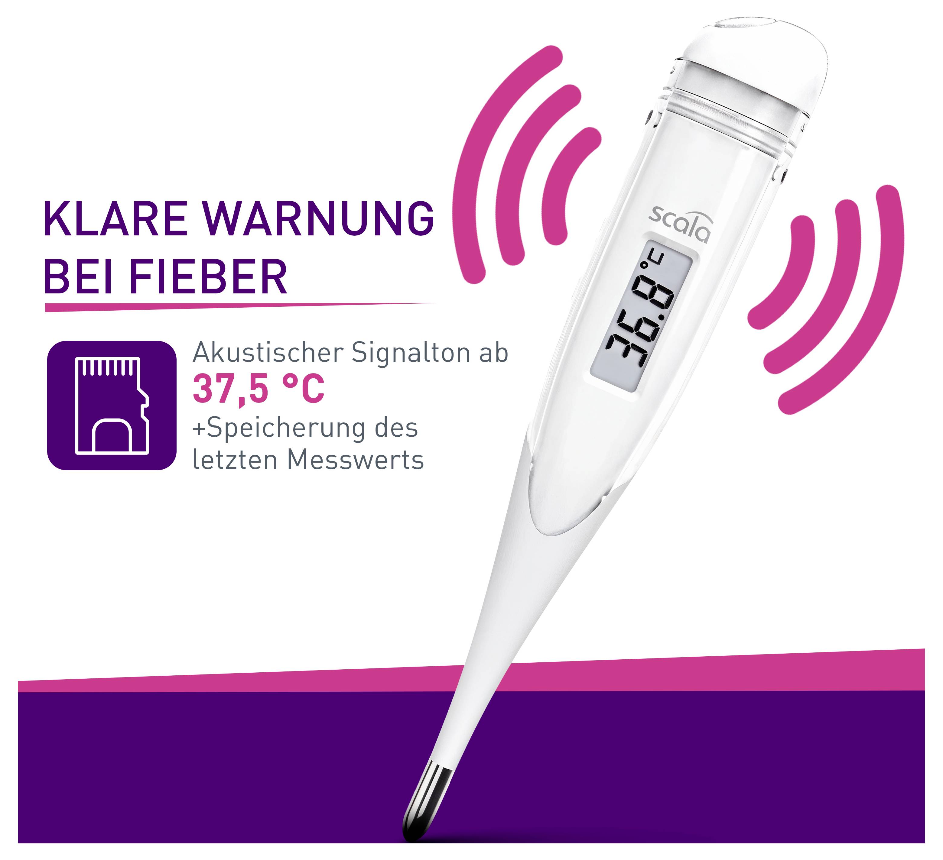 Digitalthermometer mit Display zeigt 36,9°C. Text: 'Klare Warnung bei Fieber', akustisches Signal ab 37,5°C, Speicherung des letzten Messwerts.