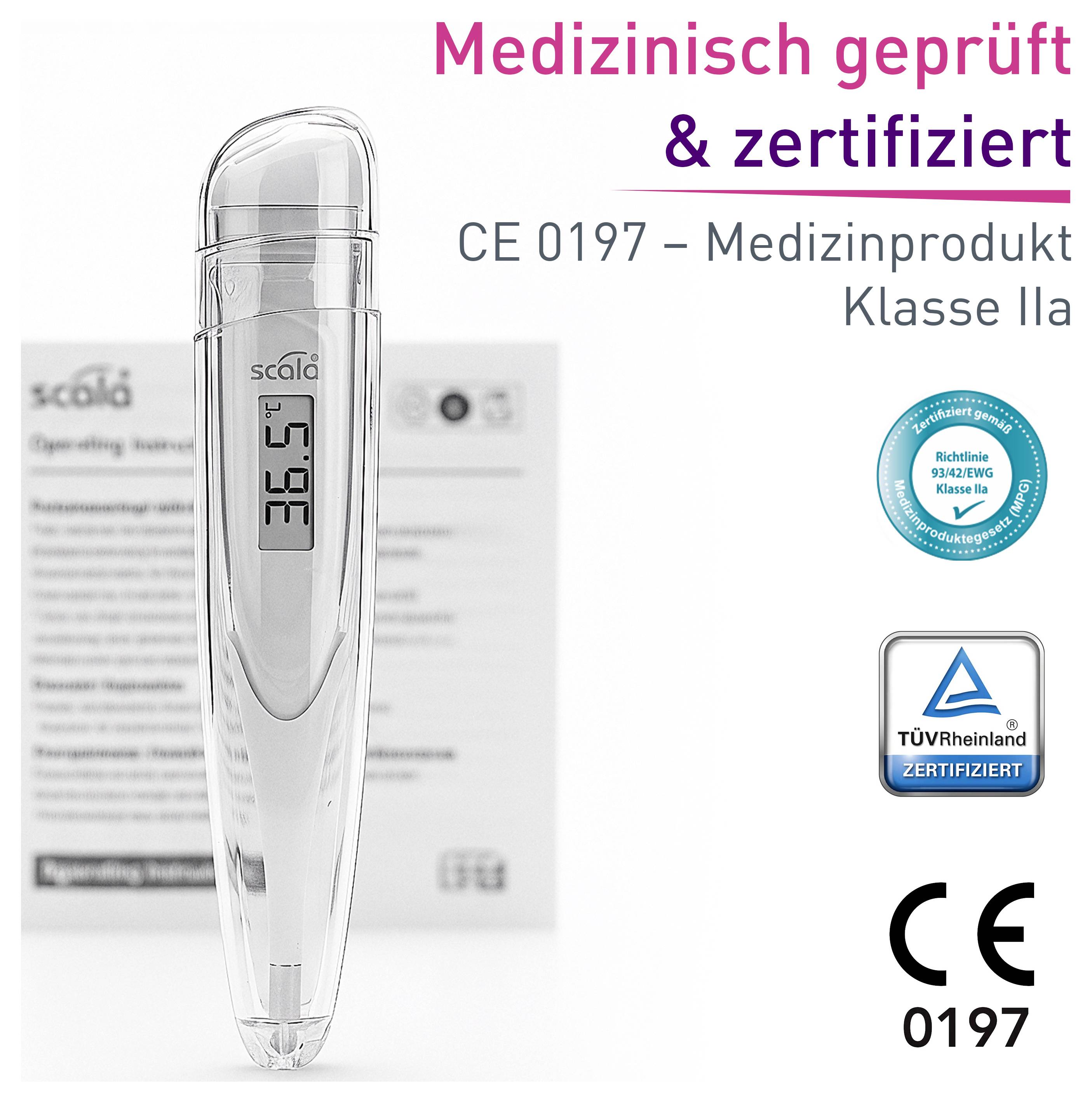 Digitales Fieberthermometer mit Display zeigt '36.5°C'. Etiketten besagen 'Medizinisch geprüft & zertifiziert', 'CE 0197', 'TÜV Rheinland'.