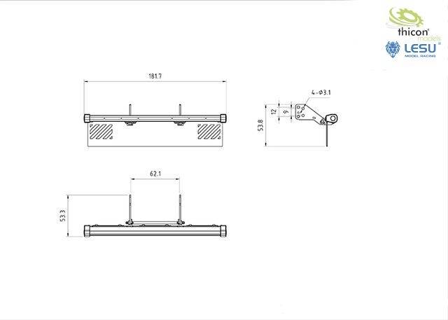 Technische Zeichnung von zwei Stahlplatten mit Maßen und Bohrlöchern. Maße: 181,7 mm und 62,1 mm. Logos von Thicon Models und LESU.