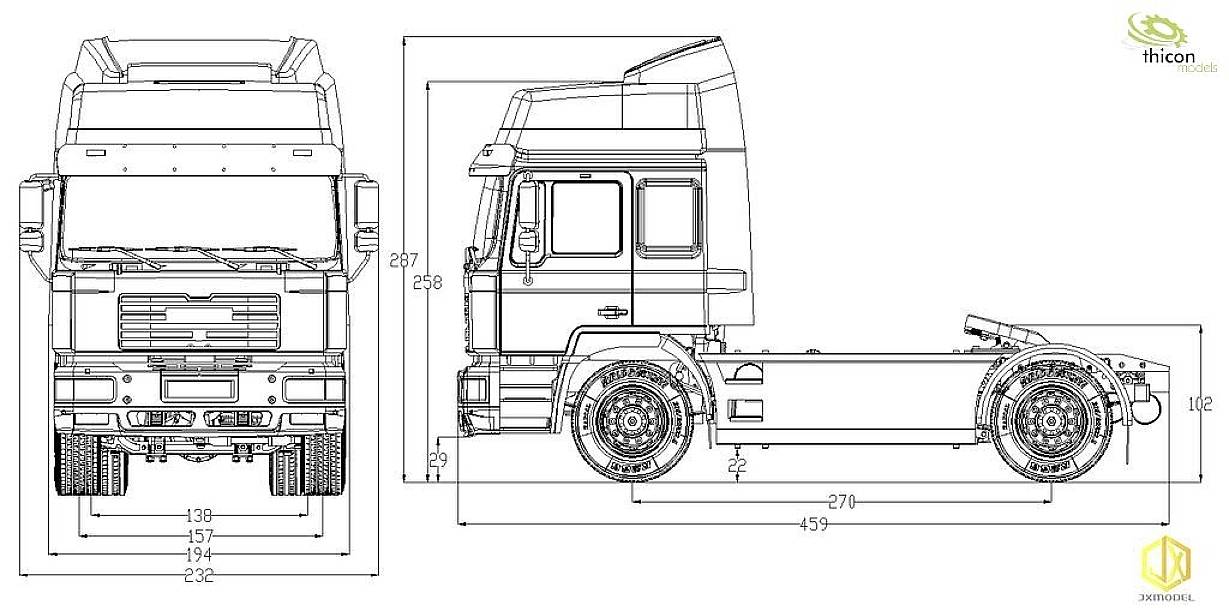 Technische Zeichnung eines LKWs von vorne und der Seite, mit Maßangaben in Millimetern. Firmenlogos oben rechts.