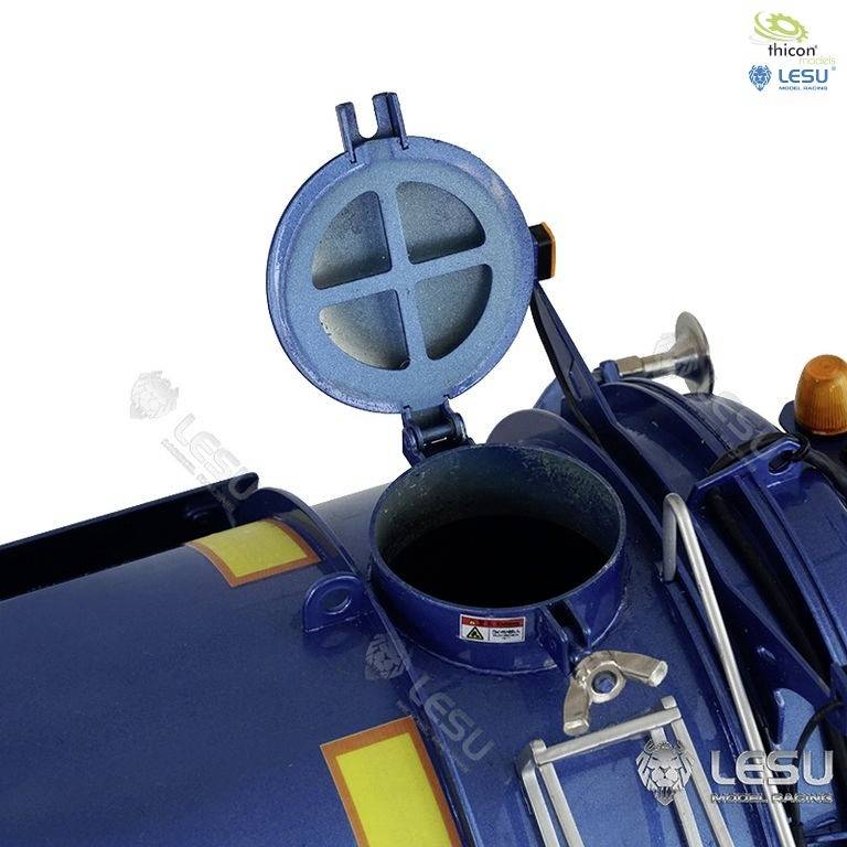 Blaues Behältermodell mit offenem Deckel und gelbem Streifen; industrielle Darstellung, Herstellerlogos sichtbar oben rechts.