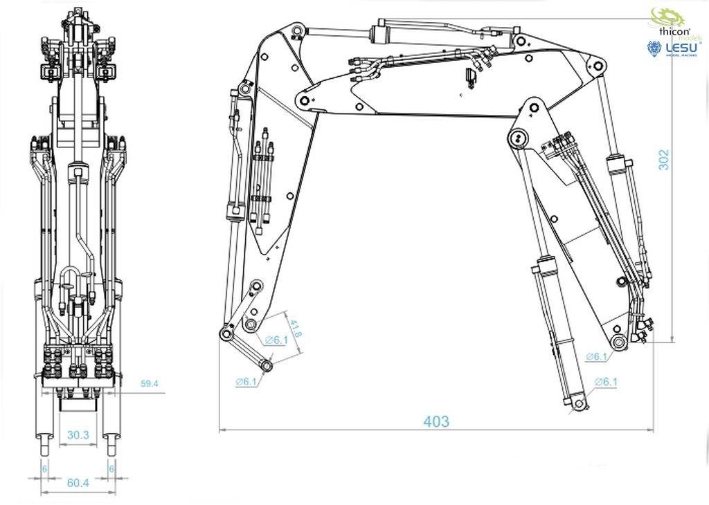 Technische Zeichnung eines mechanischen Arms mit Abmessungen. Links eine Frontansicht, rechts eine Seitenansicht mit Details und Maße.
