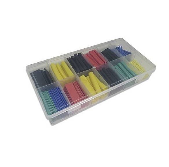 Aufbewahrungsbox mit Fächern, gefüllt mit bunten Schrumpfschläuchen in verschiedenen Farben und Größen.