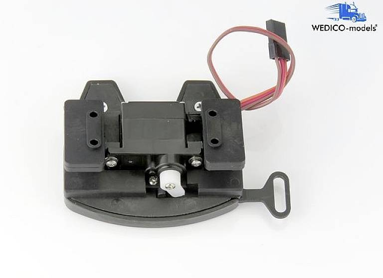 Ein schwarzer Elektronikbauteil mit Kabelanschluss und Verbindungsstück, oben rechts das Logo 'WEDICO-models'.