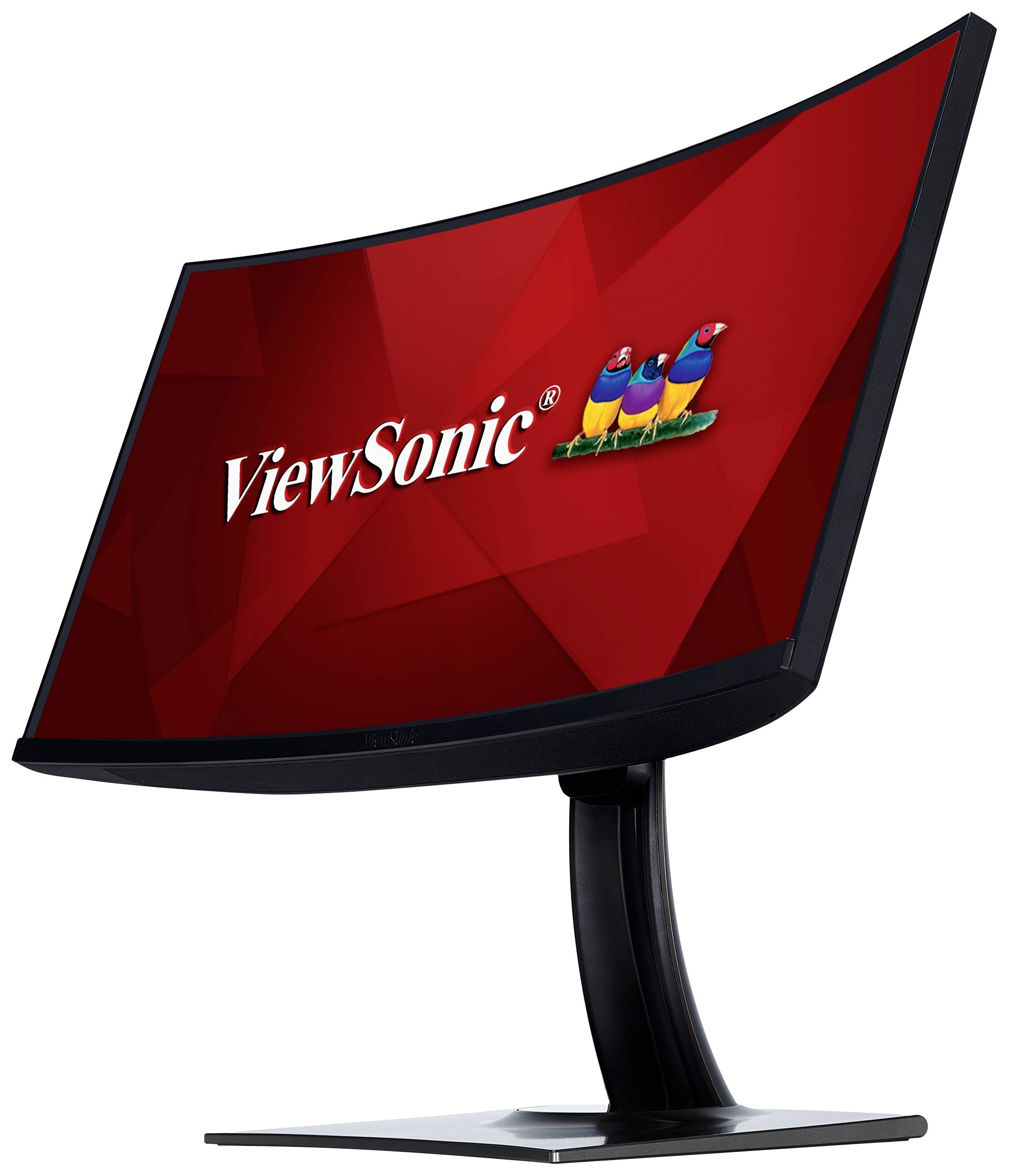 Ein gebogener Computermonitor mit der Aufschrift 'ViewSonic' auf einem roten Hintergrund, zeigt drei bunte Vögel als Logo.