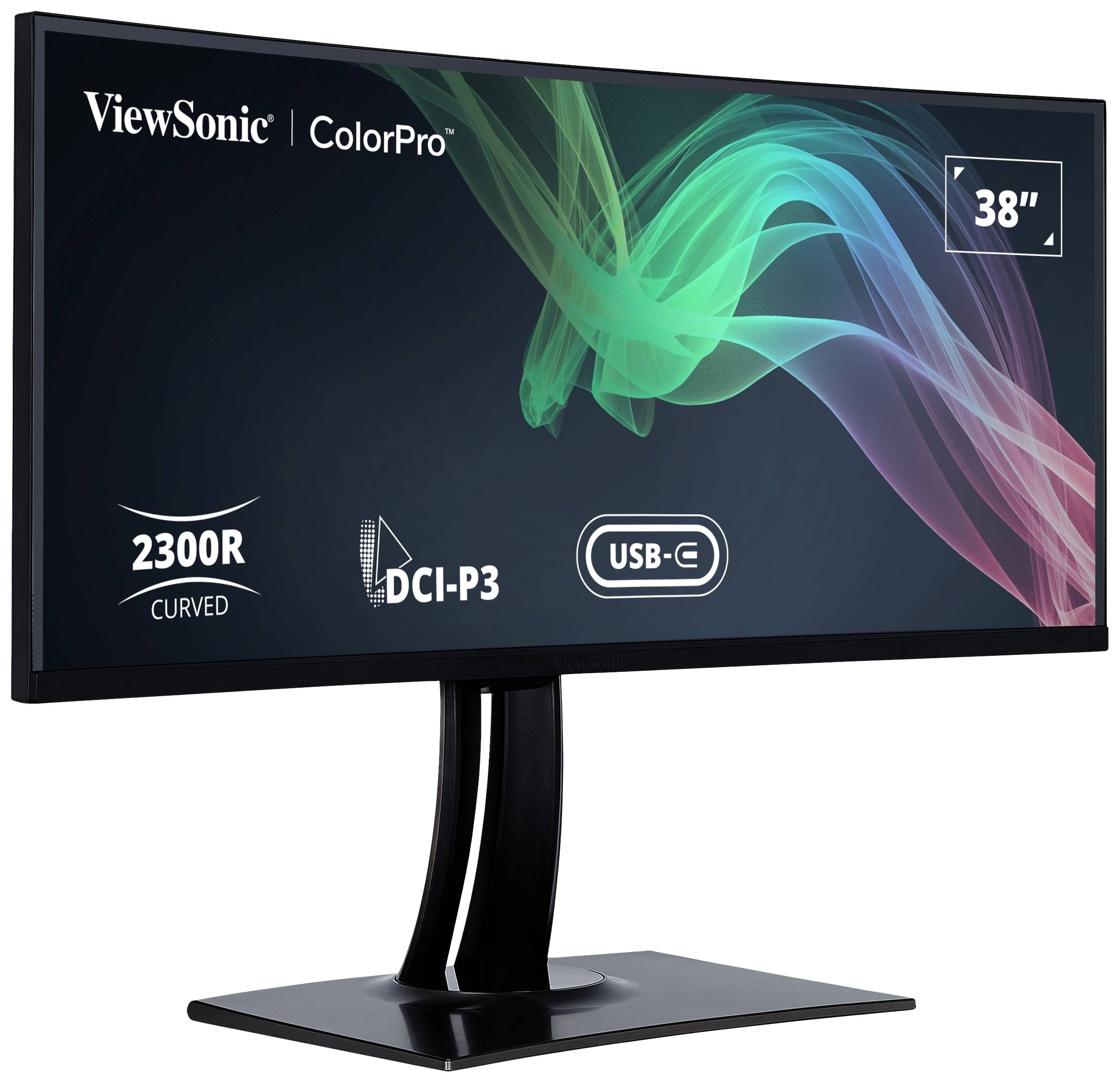 Breiter Computerbildschirm von ViewSonic ColorPro mit 38 Zoll Größe, 2300R Krümmung. Unterstützt DCI-P3 Farbraum und USB-C Verbindung.