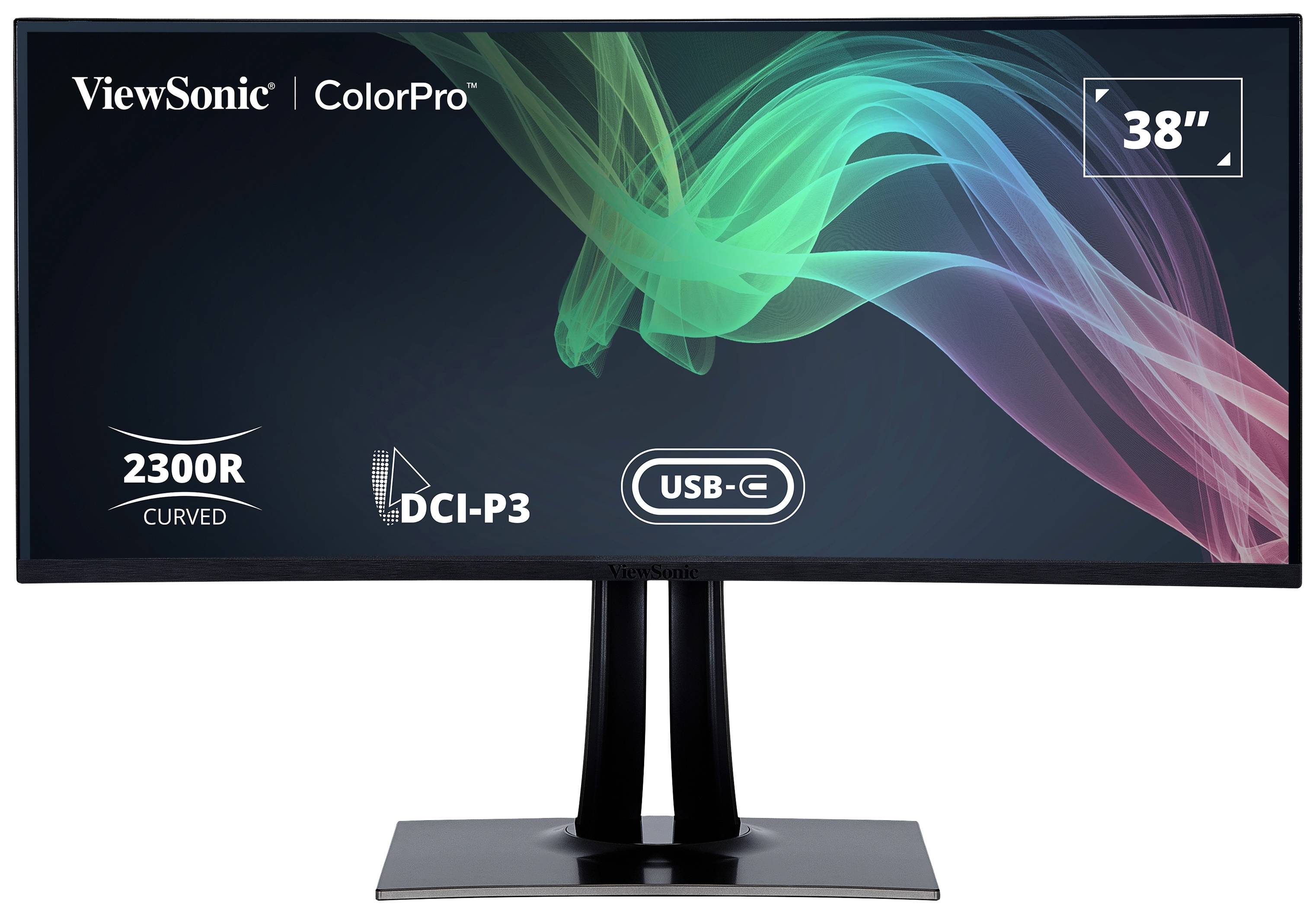 Ein 38-Zoll-Curved-Monitor von ViewSonic zeigt Spezifikationen: 2300R Krümmung, DCI-P3 Farbraum und USB-C Anschluss.