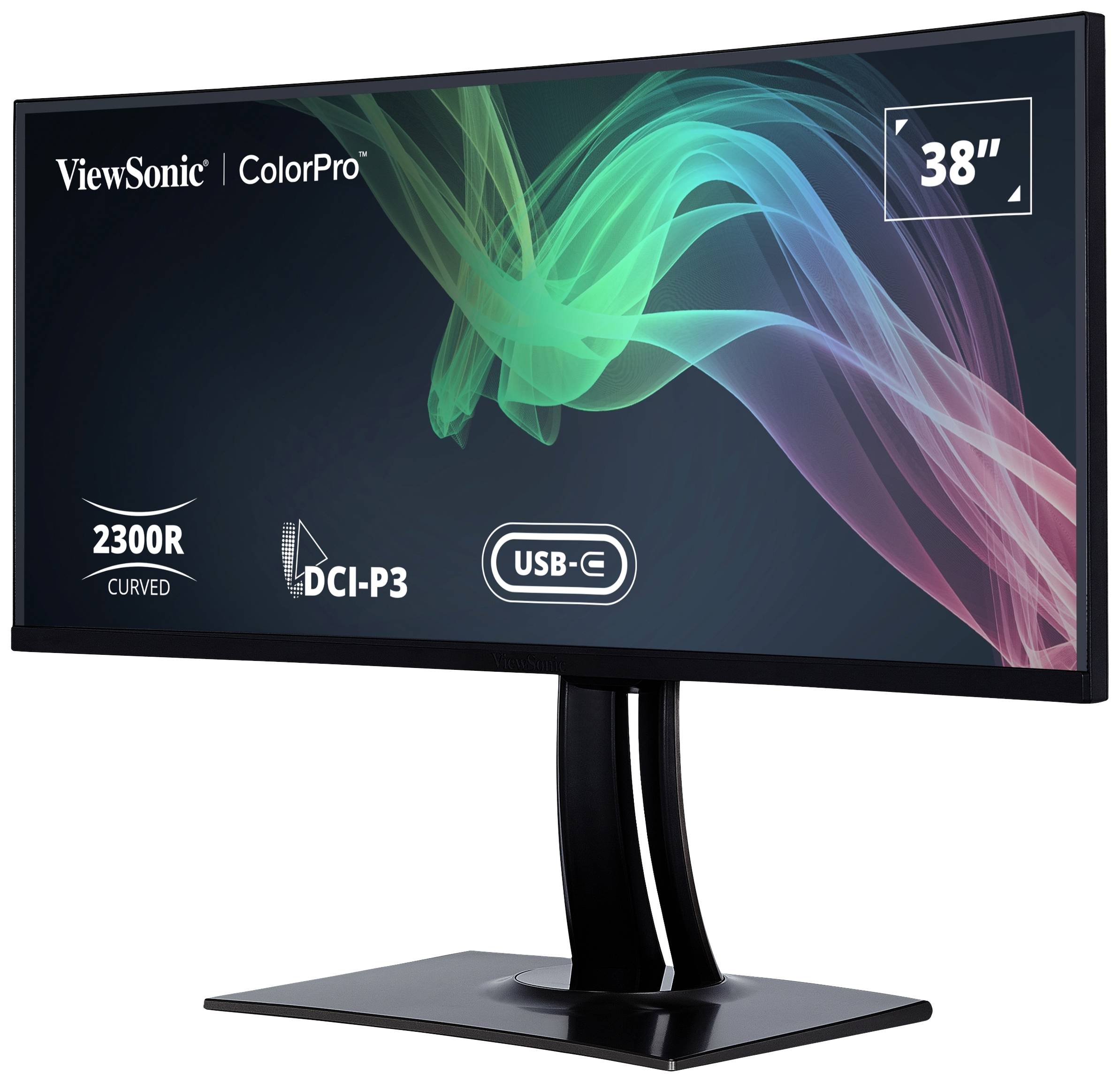 Ein 38-Zoll ViewSonic ColorPro Monitor mit gebogenem Bildschirm, DCI-P3 Farbraum und USB-C Anschluss; zeigt ein farbenfrohes Muster.