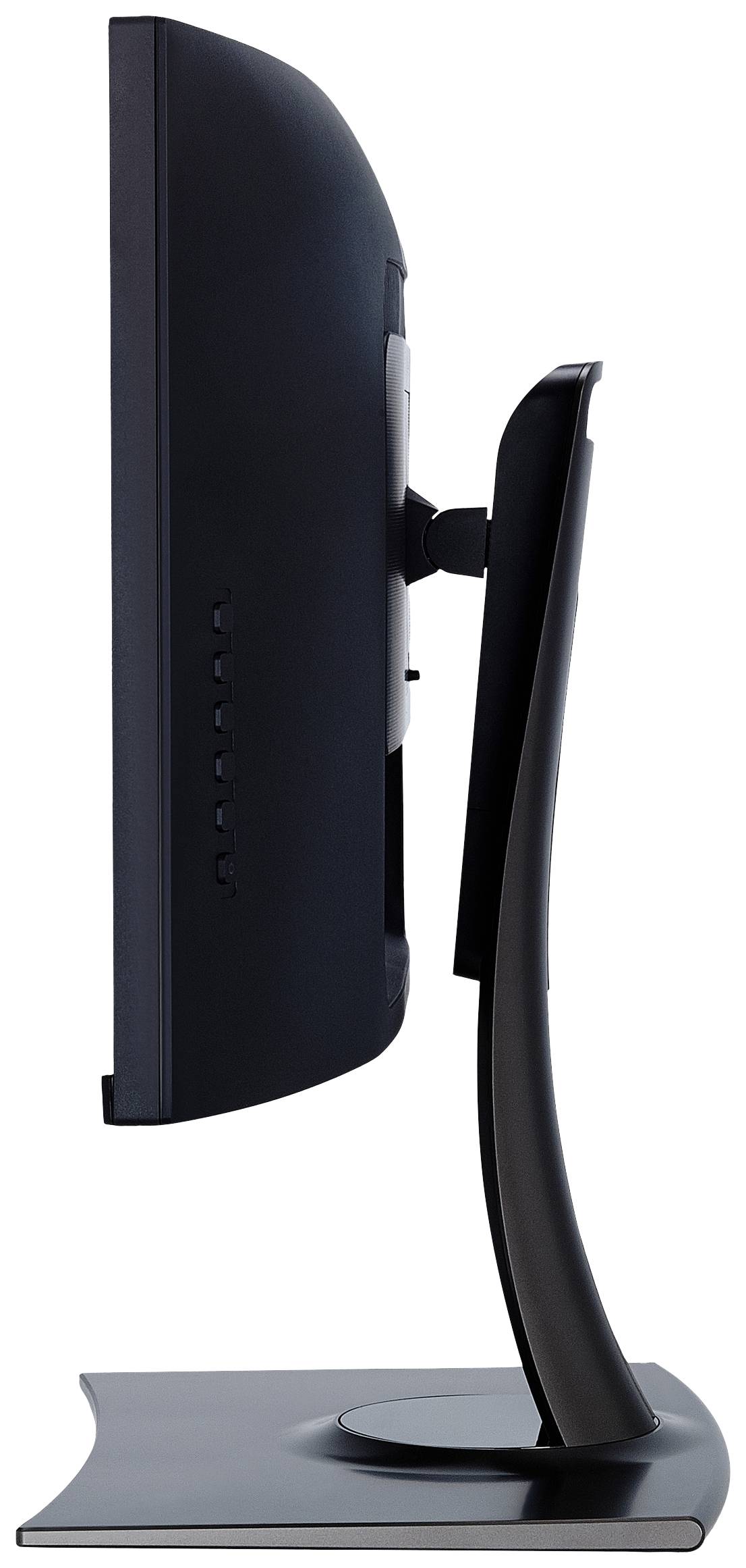 Ein seitlich dargestellter schwarzer Computermonitor mit gebogenem Bildschirm und abgerundetem Standfuß.