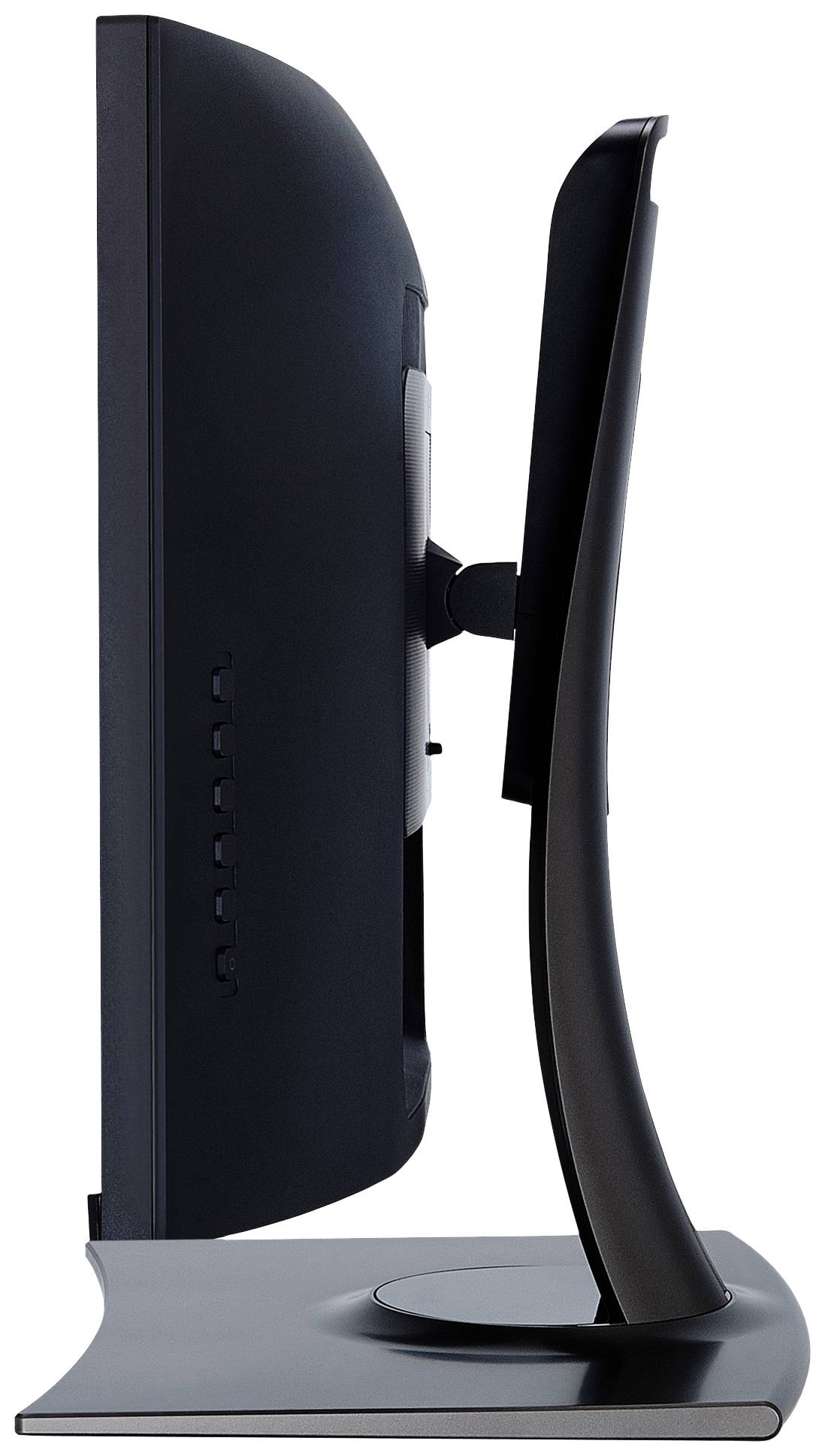 Seitenansicht eines flachen Computermonitors auf einem Standfuß, der schlankes Design und verstellbaren Bildschirm zeigt.