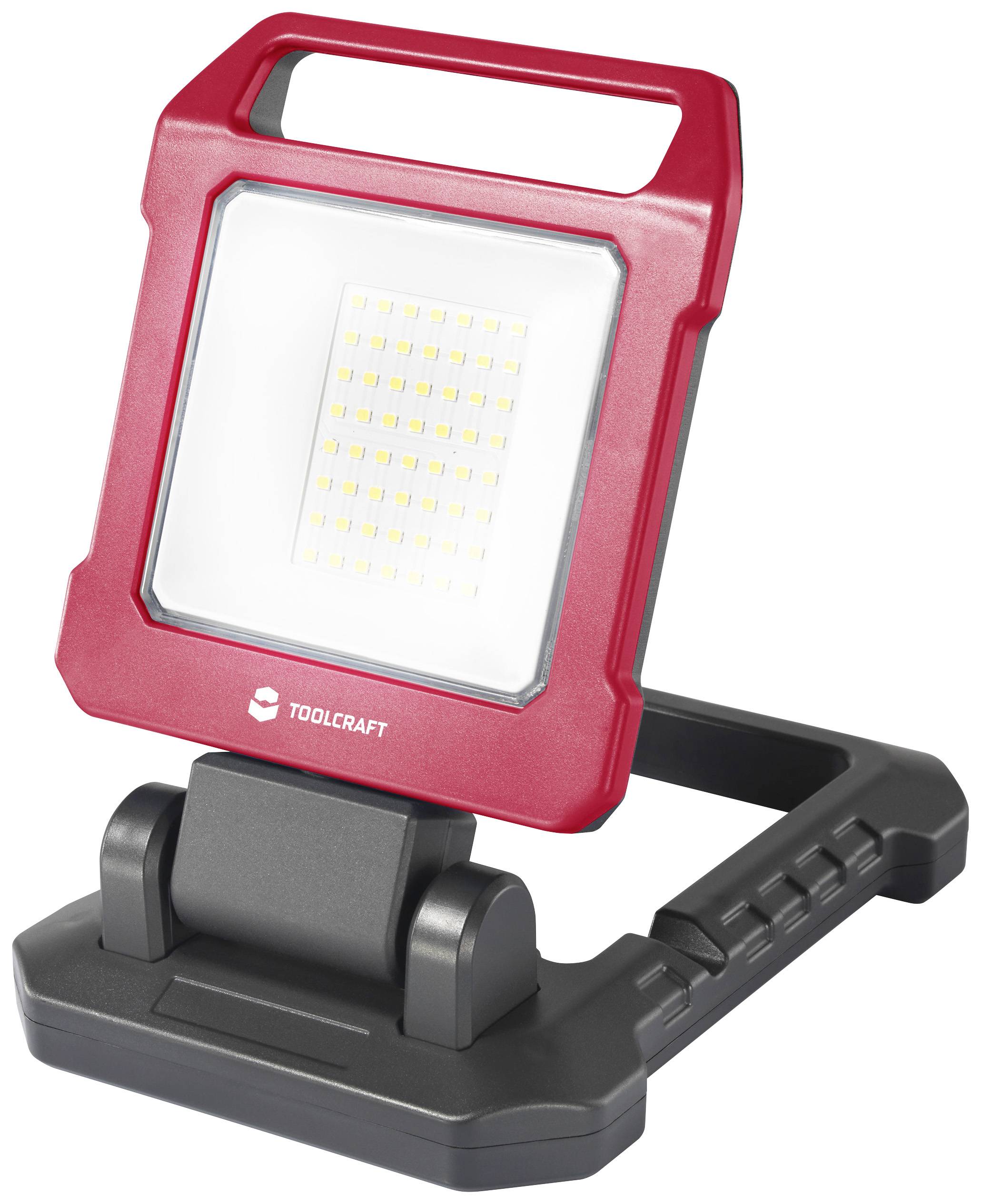 Tragbares LED-Arbeitslicht mit rotem Rahmen und schwarzem Standfuß, 48 LED-Leuchten vorne sichtbar, von der Marke Toolcraft.