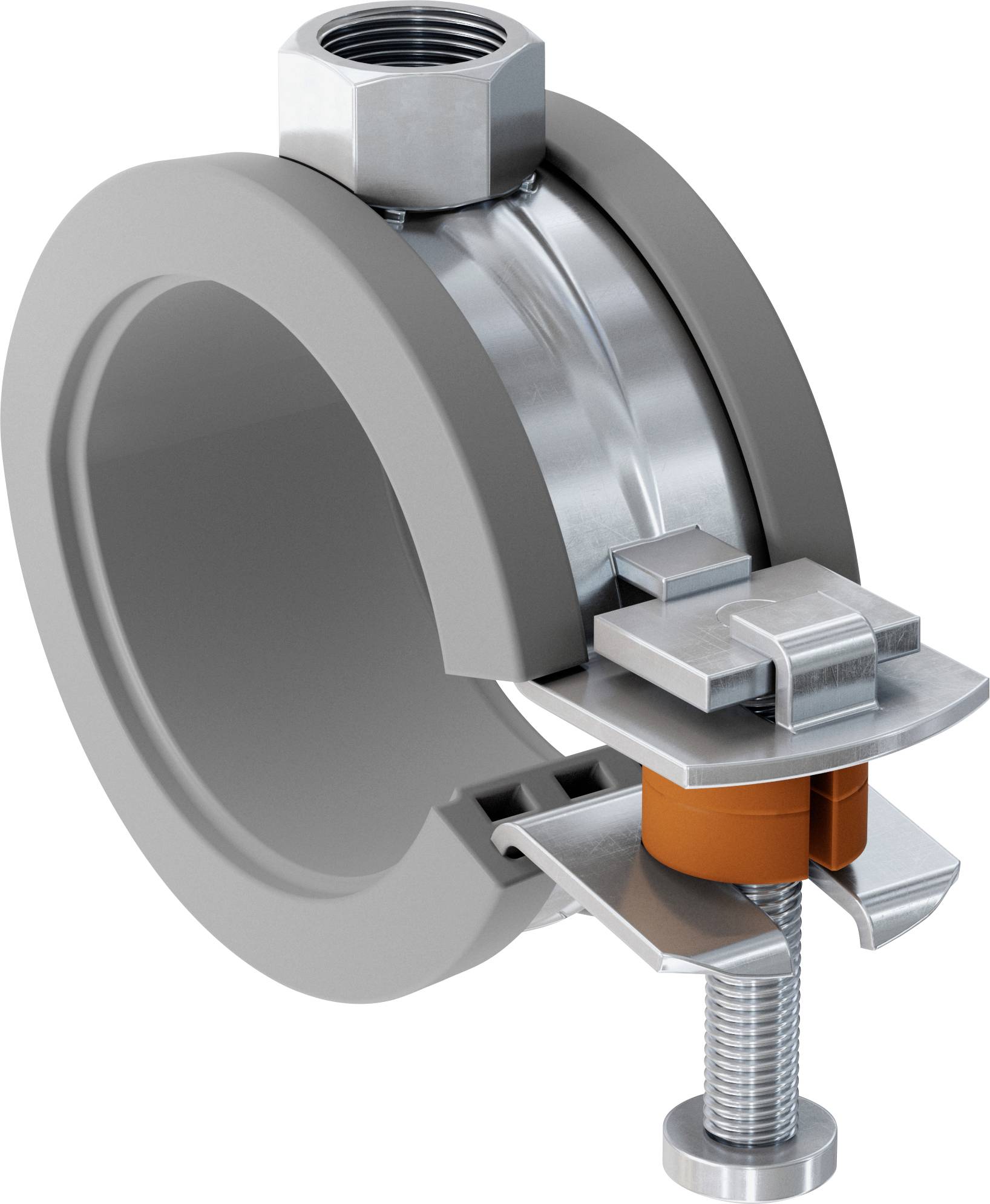 Schnittzeichnung einer Rohrklemme mit Gewindeverbindung oben, metallischer Montageklammer und verstellbarem Schraubverschluss.