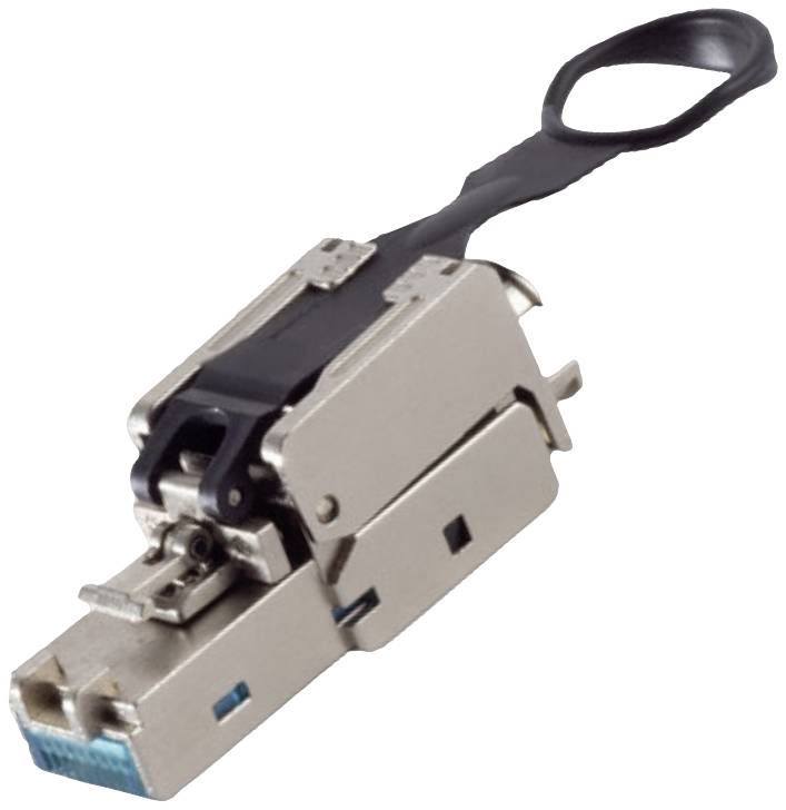 Ein Ethernet-SFP-Steckmodul mit Metallgehäuse und Zuglasche. Es wird zur Erweiterung von Netzwerkverbindungen verwendet.