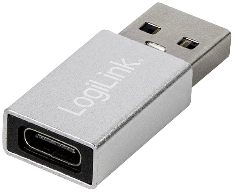 USB-Adapter von LogiLink, der einen USB-A-Stecker in einen USB-C-Anschluss umwandelt. Silbernes Gehäuse mit Logo-Aufdruck.
