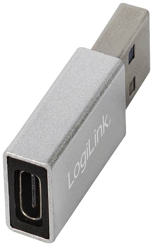 Ein silberner LogiLink USB-Adapter mit USB-Stecker und USB-C-Buchse für den Anschluss diverser Geräte.