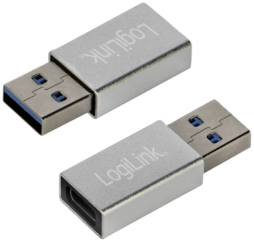 Zwei silberne USB-Adapter mit der Aufschrift 'LogiLink', einer mit weiblichem und der andere mit männlichem Anschluss, auf weißem Hintergrund.