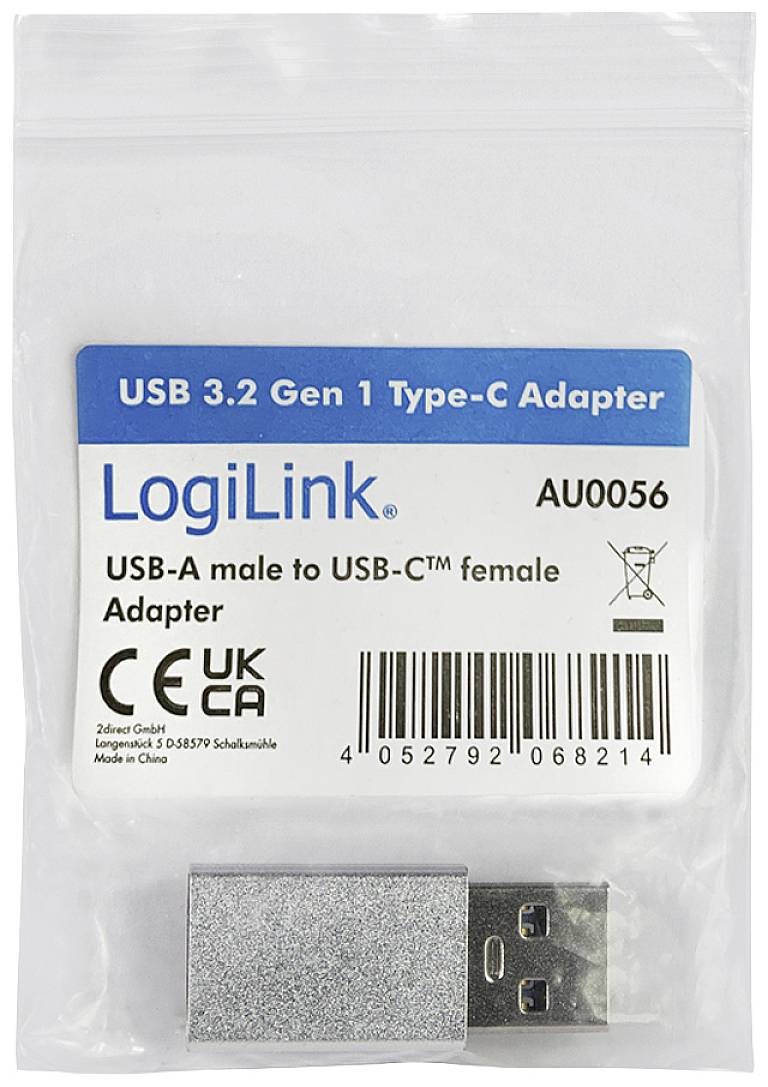 'LogiLink USB 3.2 Gen 1 Type-C Adapter' Verpackung, zeigt einen USB-A-Stecker zu USB-C-Buchsen-Adapter. Enthält CE- und UKCA-Zeichen.