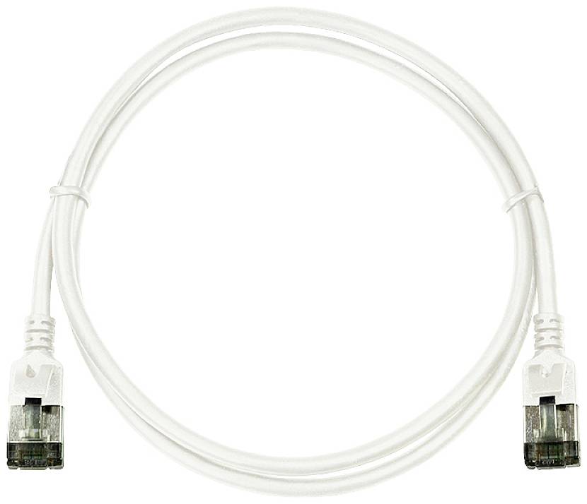 Ein weißes Ethernet-Kabel mit Steckern an beiden Enden, aufgerollt in einer kreisförmigen Schleife.