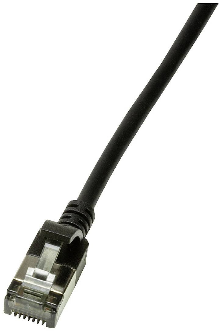 Ein schwarzes Ethernet-Kabel mit RJ45-Stecker, das für Netzwerkverbindungen verwendet wird.