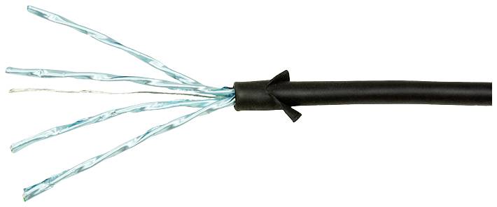 Ein Netzwerkkabel mit vier freigelegten Adernpaaren, die aus einer schwarzen Ummantelung herausragen.