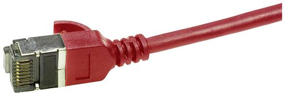 Rotes Netzwerkkabel mit RJ45-Stecker, verwendet für Ethernet-Verbindungen in Computernetzwerken.