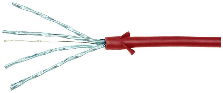 Rotes Kabel mit vier freiliegenden, verdrillten Drähten. Geeignet für Netzwerkverbindungen.