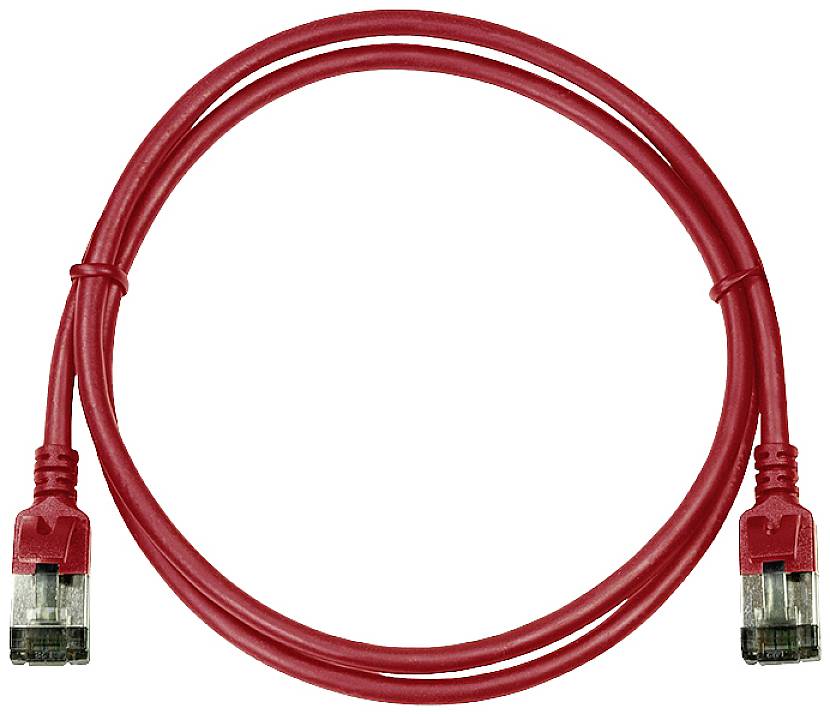 Rotes Ethernet-Kabel mit RJ45-Steckern an beiden Enden, aufgerollt in einem Kreis. Verwendung zur Netzwerkverbindung.