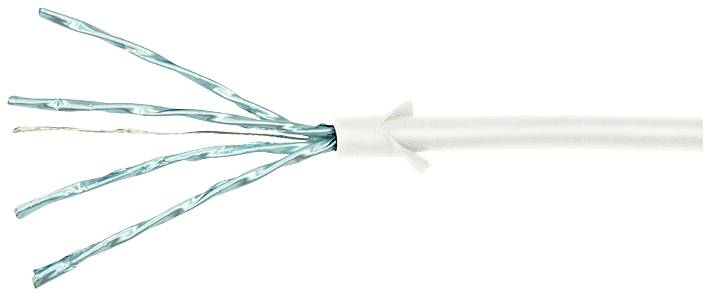 Ein blaues, paarweise verdrilltes Ethernet-Kabel mit vier Aderpaaren, teilweise entblößt, vor weißem Hintergrund.