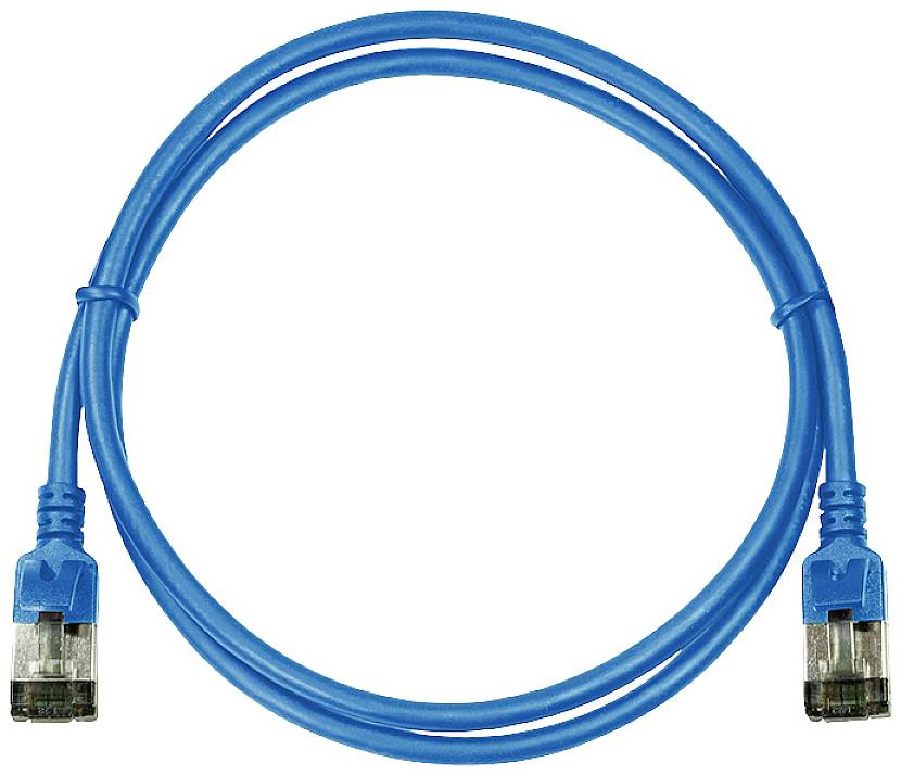 Blaues Ethernet-Kabel mit zwei RJ45-Steckern, das für die Verbindung elektronischer Geräte in einem Netzwerk verwendet wird.