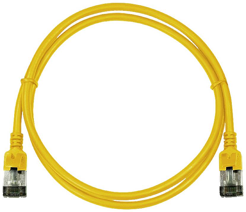 Ein gelbkabeltes Ethernet-Kabel mit RJ45-Steckern an beiden Enden; verwendet zum Anschluss von Netzwerkgeräten.