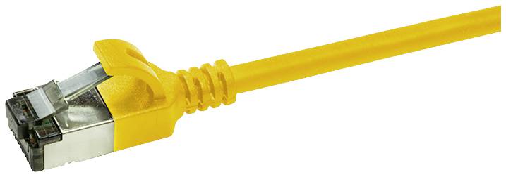 Ein gelbes Ethernet-Kabel mit RJ-45-Stecker, das für Netzwerkverbindungen in Computernetzwerken verwendet wird.