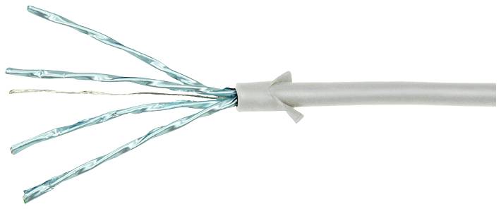 Ein offenes Netzwerkkabel mit vier verdrillten Drahtpaaren, die blau schimmern, zeigt die interne Struktur und Verkabelung.