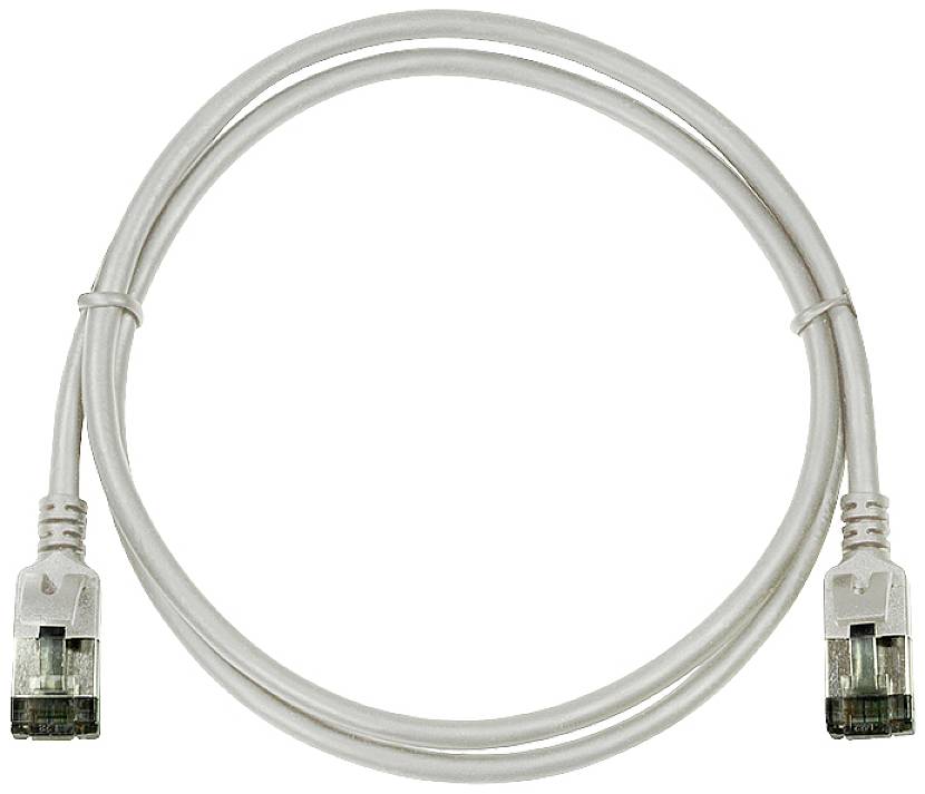Weiße Netzwerkkabel mit zwei RJ45-Steckern, die zur Verbindung elektronischer Geräte verwendet werden.
