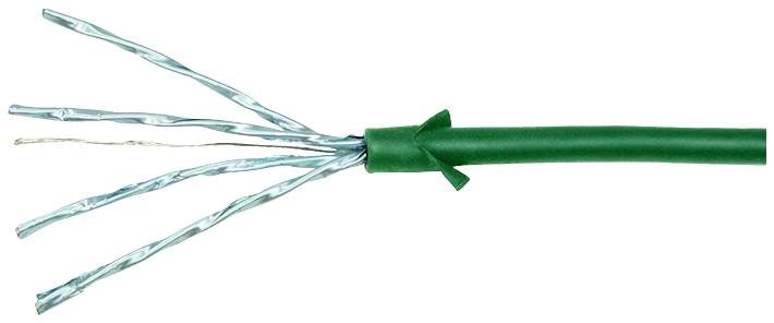 Ein grünes Kabel mit vier herausragenden, blauen verdrillten Paaren, die für Netzwerkverbindungen verwendet werden können.