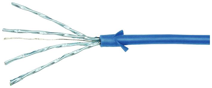Ein blaues Kabel mit vier herausragenden, glänzenden Drähten, möglicherweise für Netzwerk- oder Datenübertragungszwecke.