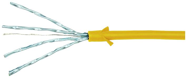 Ein gelbes Kabel mit offener Isolierung zeigt vier freigelegte, blau ummantelte Adern, die nach rechts auslaufen.