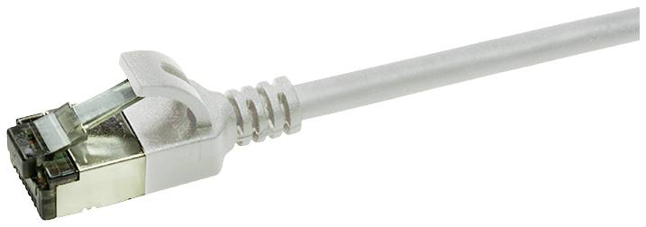 Ein weißes Ethernet-Kabel mit einem RJ45-Stecker, bereit zum Anschluss an ein Netzwerkgerät für Internet- oder Datenverbindung.