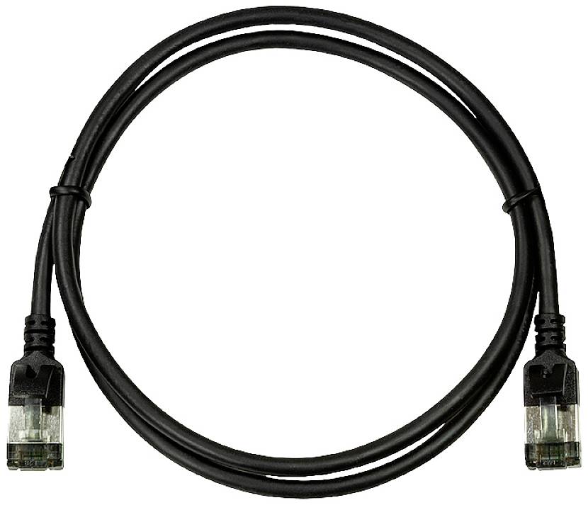 Ein schwarzes Ethernet-Kabel mit zwei transparenten Steckern an den Enden liegt aufgerollt.