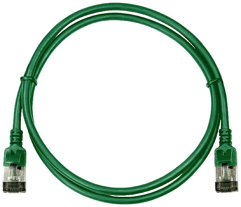 Ein grünes Ethernet-Kabel mit RJ45-Steckern an beiden Enden, in einer kreisförmigen Anordnung dargestellt.