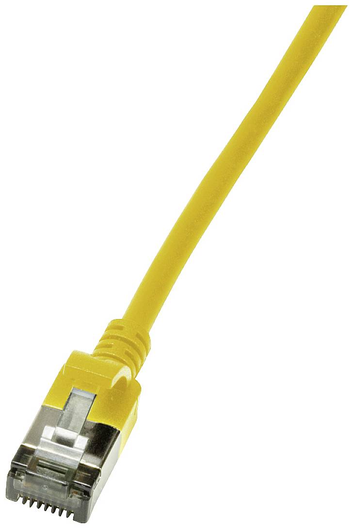 Gelbes Ethernet-Kabel mit RJ45-Stecker, verwendet für kabelgebundene Netzwerkverbindungen.