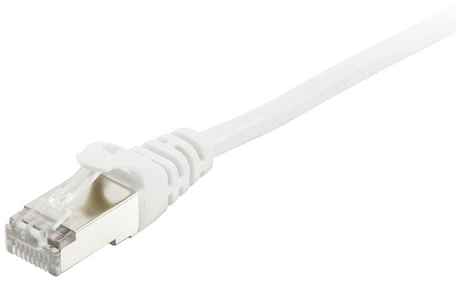Weißes Ethernet-Kabel mit RJ45-Stecker zur Datenübertragung. Verwendet für Netzwerkverbindungen wie in Computern und Routern.