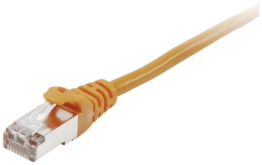 Ein orangefarbenes Ethernet-Kabel mit einem RJ-45-Stecker, das für Netzwerkverbindungen verwendet wird.