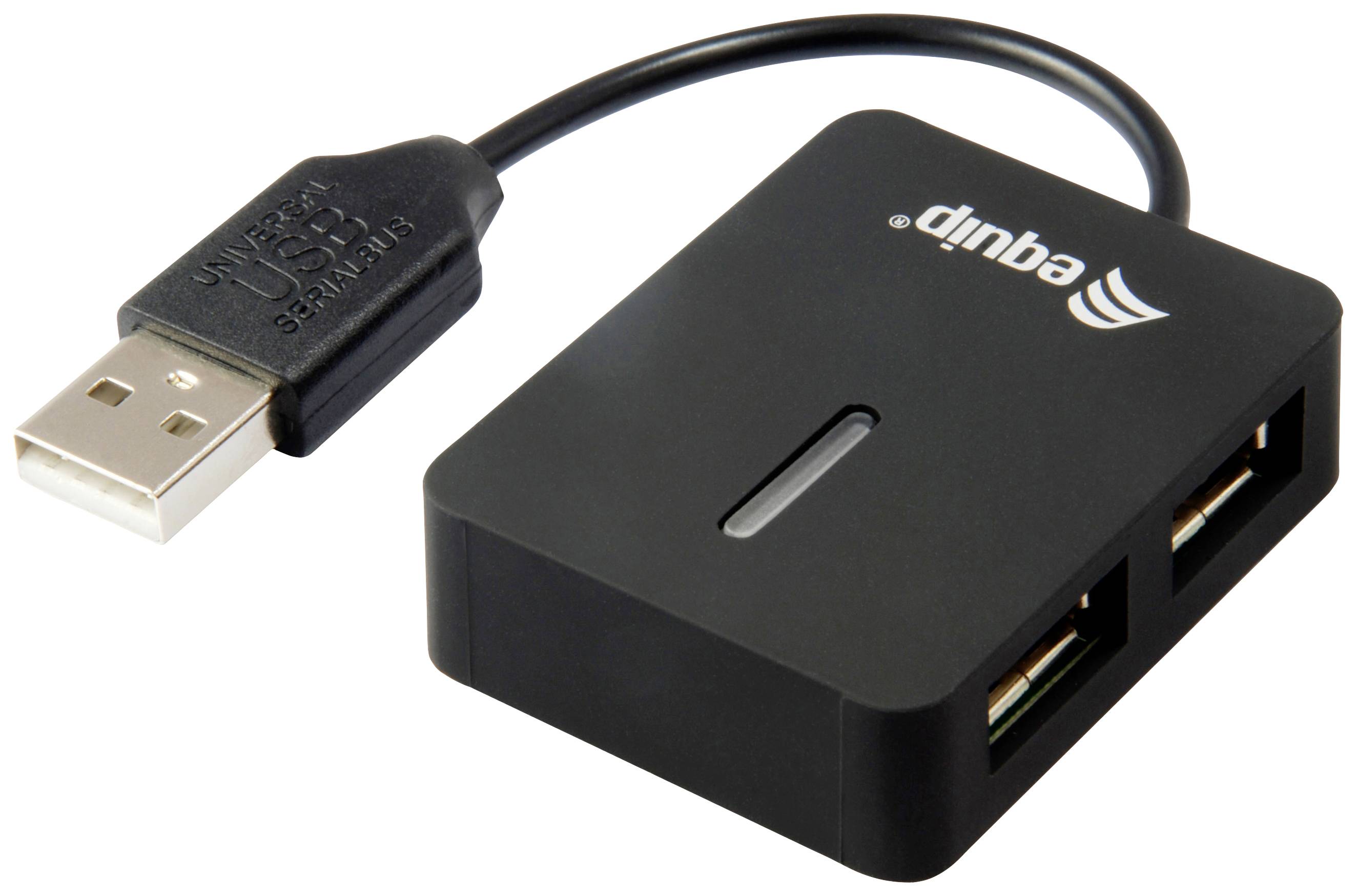 'Schwarzer USB-Hub mit zwei USB-Ports und einem kurzen Kabel mit USB-A-Stecker, markiert mit 'dinba'.'